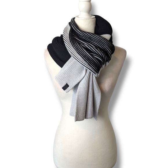Lululemon Wool Blend Ribbed Knit Extra Long Wide Black Gray Color Block Scarf OS - Picture 5 of 8